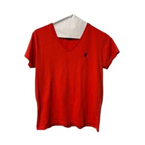 Ralph Lauren Sport Red V-Neck Cotton T-Shirt Embroidered Pony Logo Size S